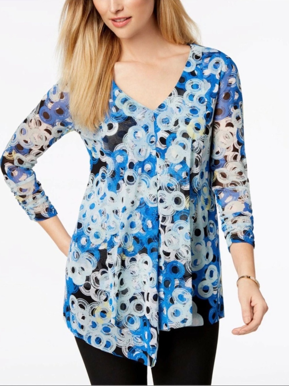 Alfani Womens Sheer Mesh Blue White Circle Ruched SLV Asymmetrical Top Blouse XL